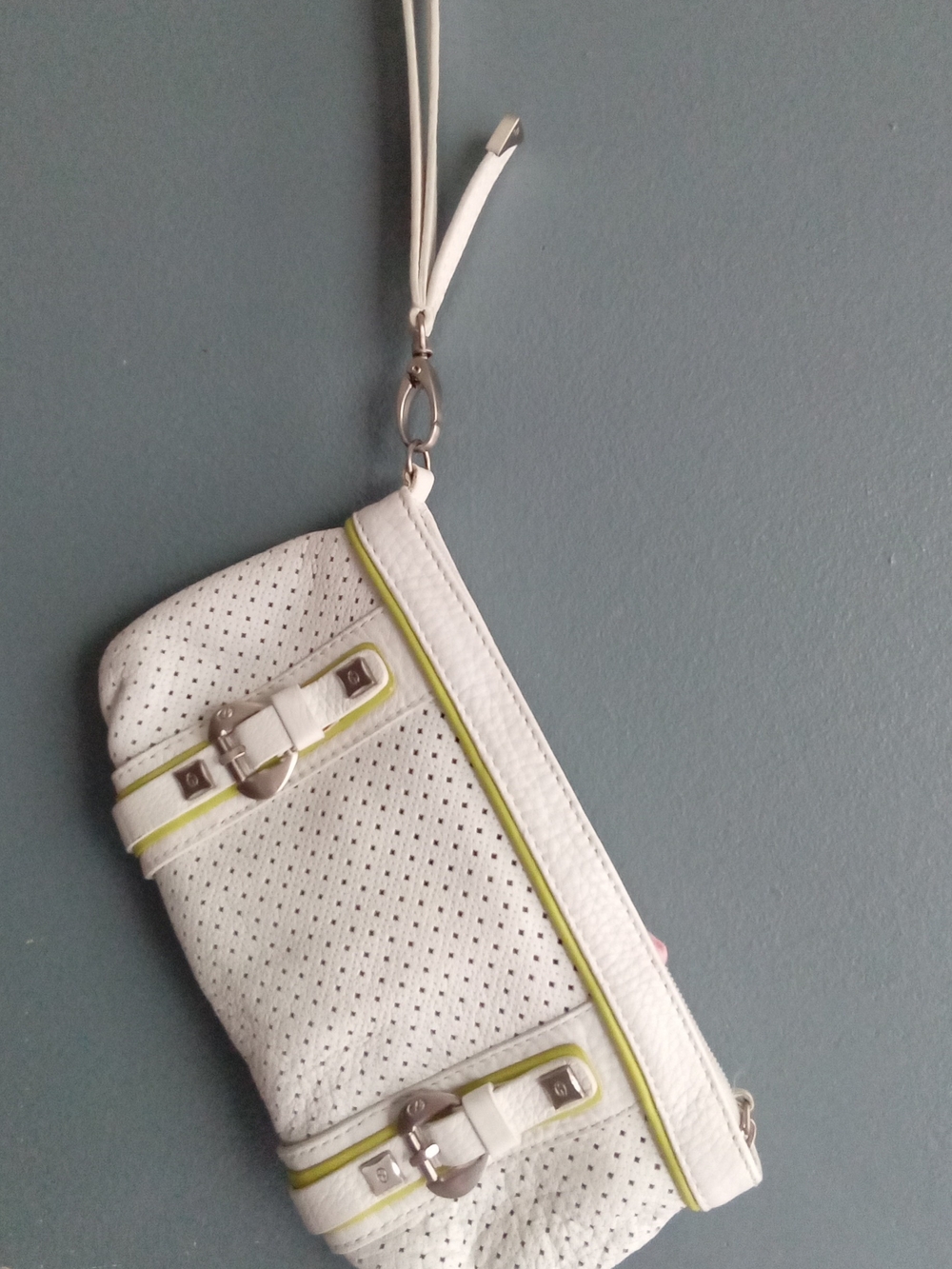 White Perforated Faux Leather Wristlet Clutch with Lime Green Trim and Buckles